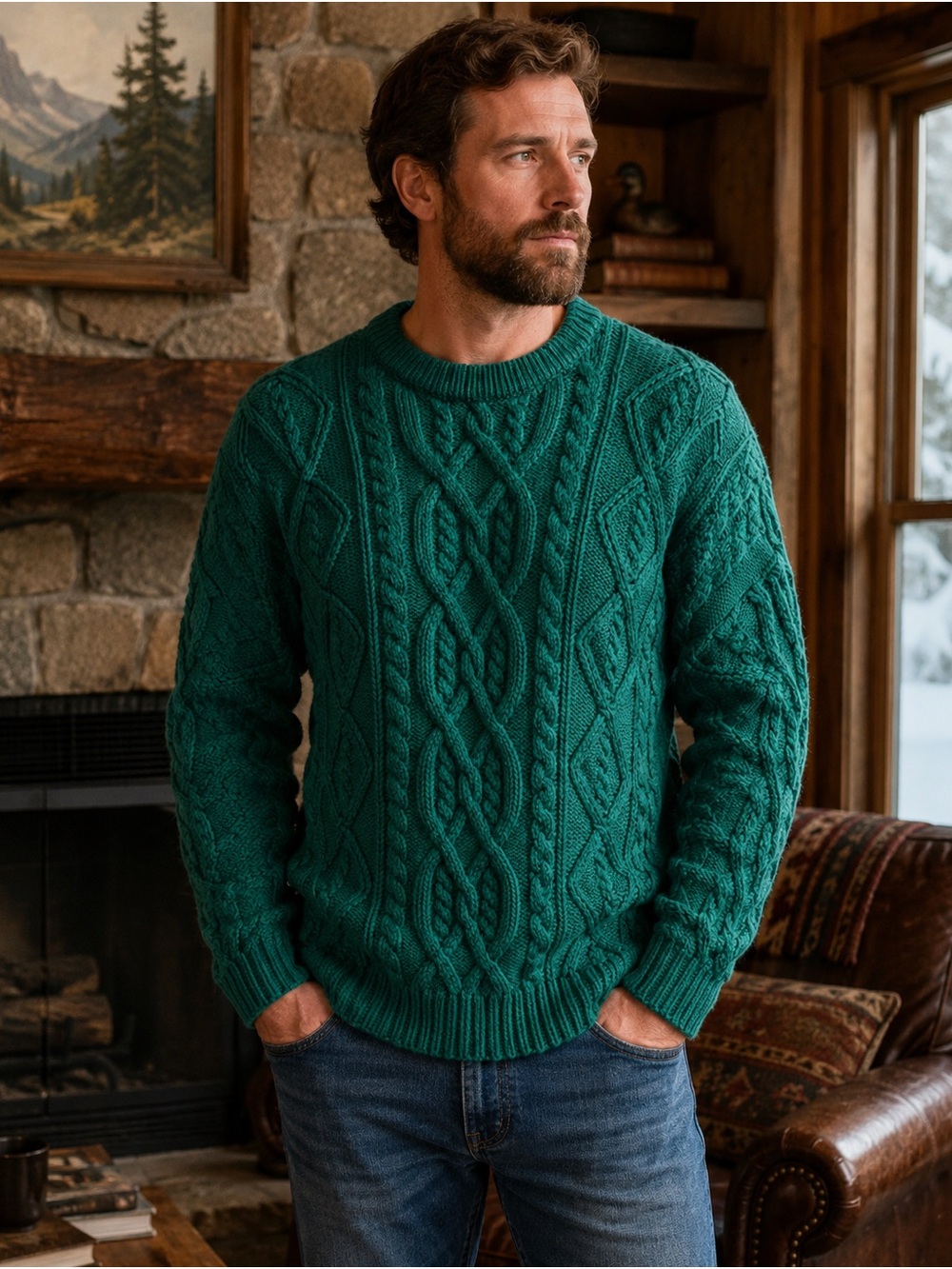 Vintage Eddie Bauer Men’s Cable Knit Sweater L Green 100% Cotton Hong Kong 90’s